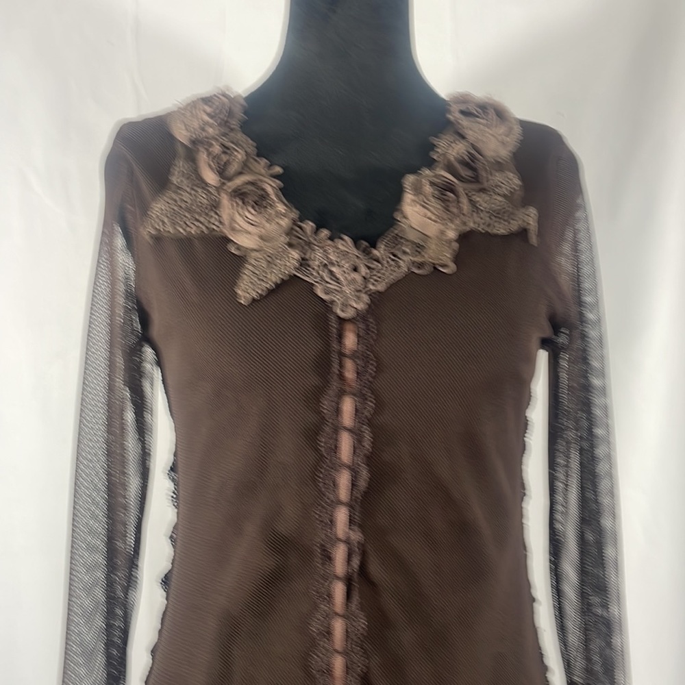 Pretty Angel Brown Dress,tunic dress, top,lace,floral design,sheer,ruffles,small - Picture 5 of 10